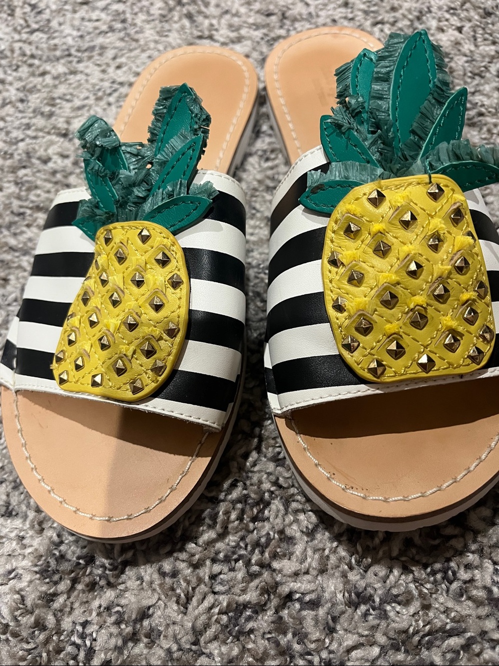 kate spade Black and White Striped Pineapple Embellished Slide Sandals